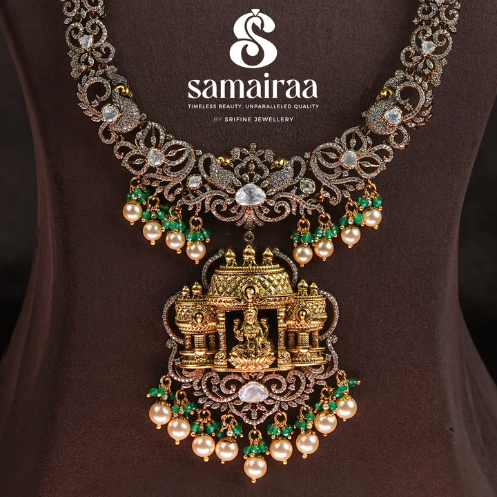 Samairaa temple silver necklace in 92.5 silver with Lakshmi motif, antique oxidised finish, cz stones and traditional South Indian bridal jewellery design by Sri Fine Jewellery, Hyderabad