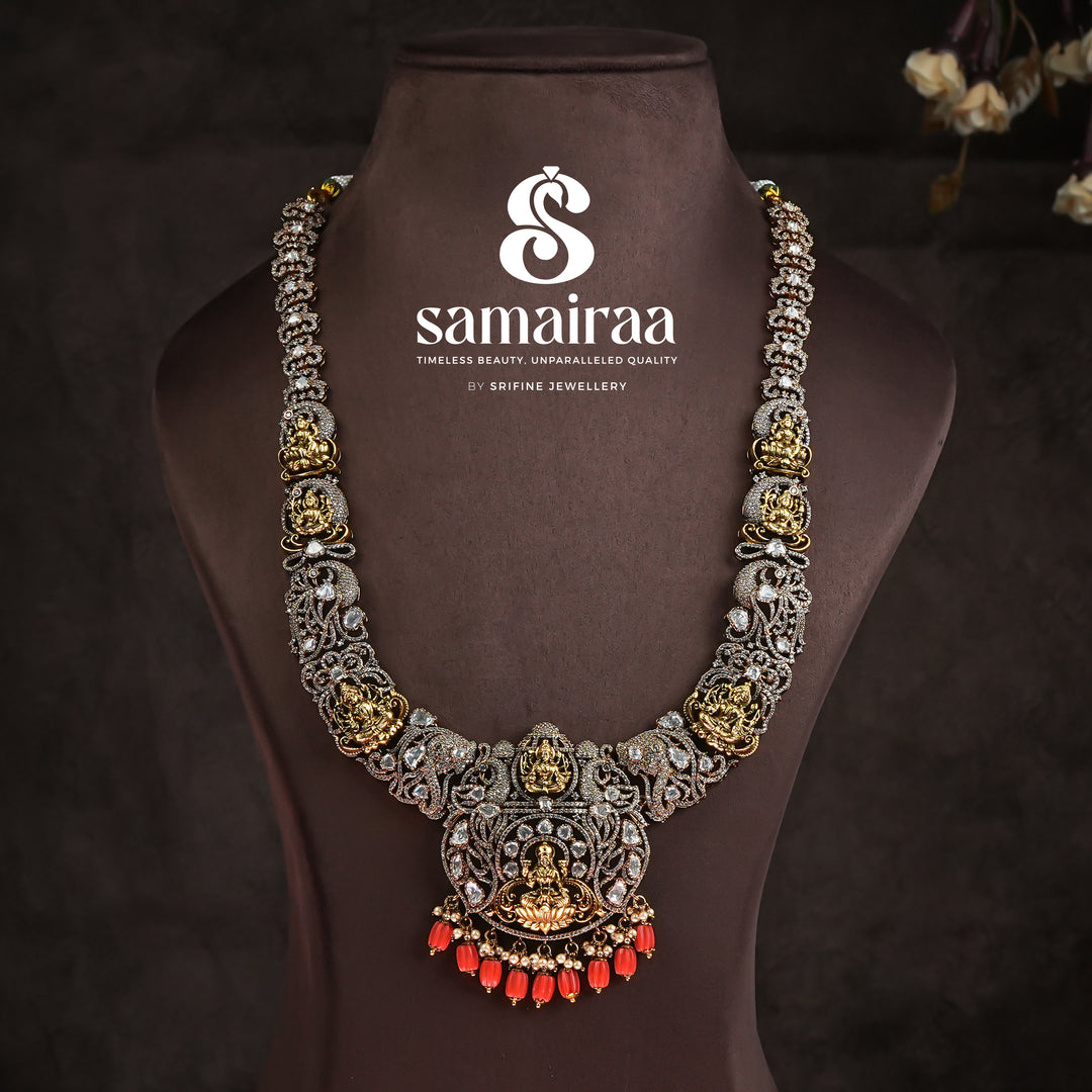 Samairaa temple silver necklace in 92.5 silver with Lakshmi motif, antique oxidised finish, cz stones and traditional South Indian bridal jewellery design by Sri Fine Jewellery, Hyderabad
