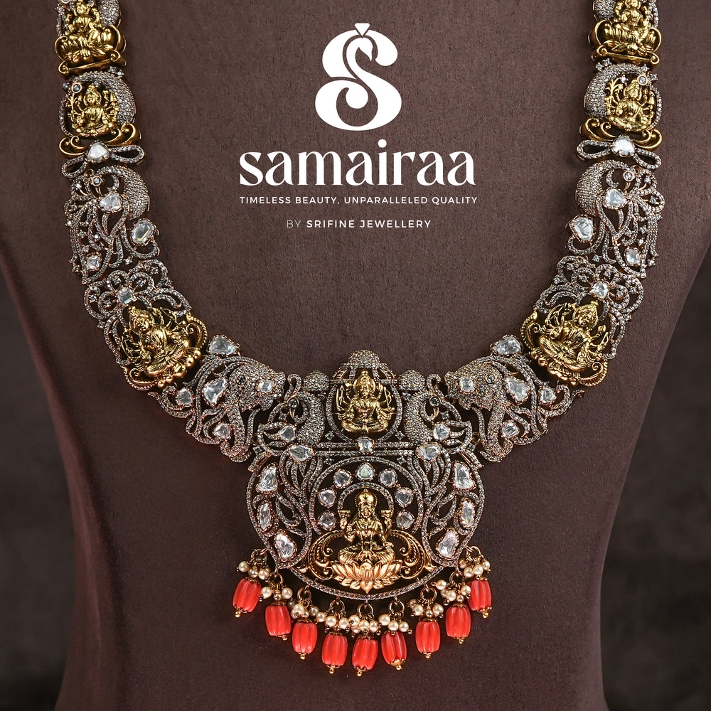 Samairaa temple silver necklace in 92.5 silver with Lakshmi motif, antique oxidised finish, cz stones and traditional South Indian bridal jewellery design by Sri Fine Jewellery, Hyderabad