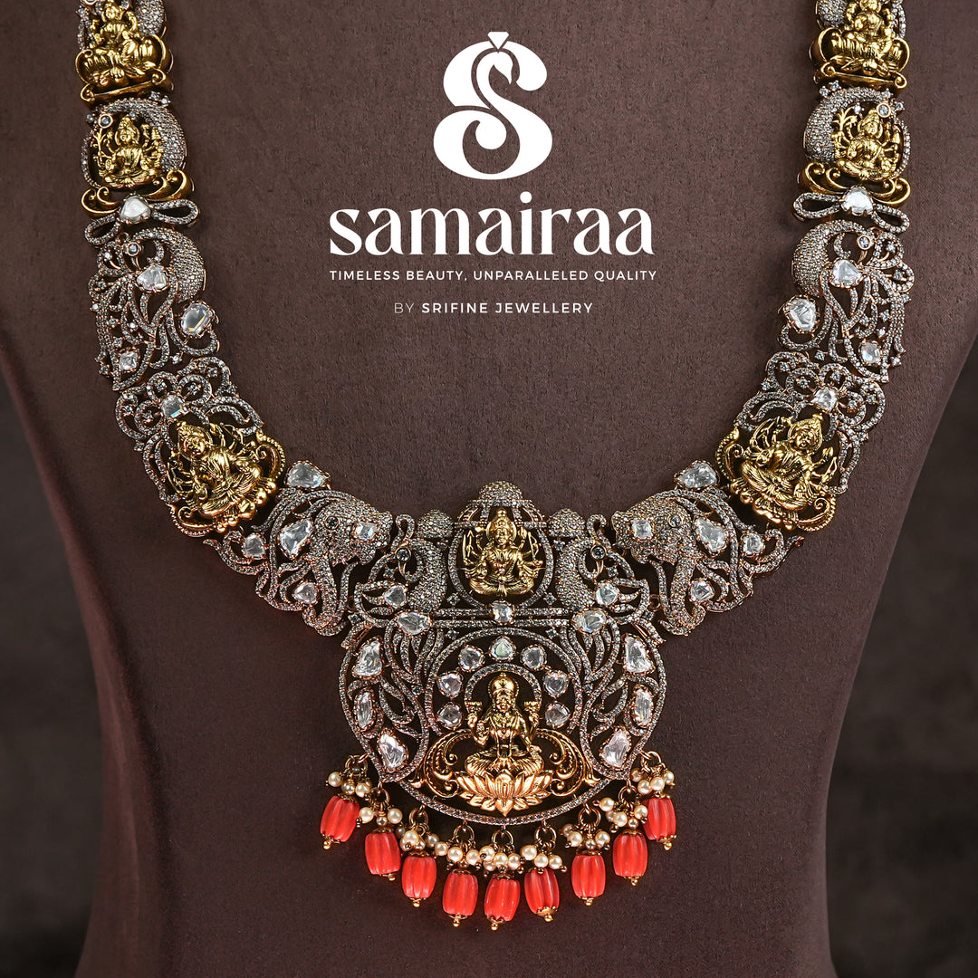 Samairaa temple silver necklace in 92.5 silver with Lakshmi motif, antique oxidised finish, cz stones and traditional South Indian bridal jewellery design by Sri Fine Jewellery, Hyderabad