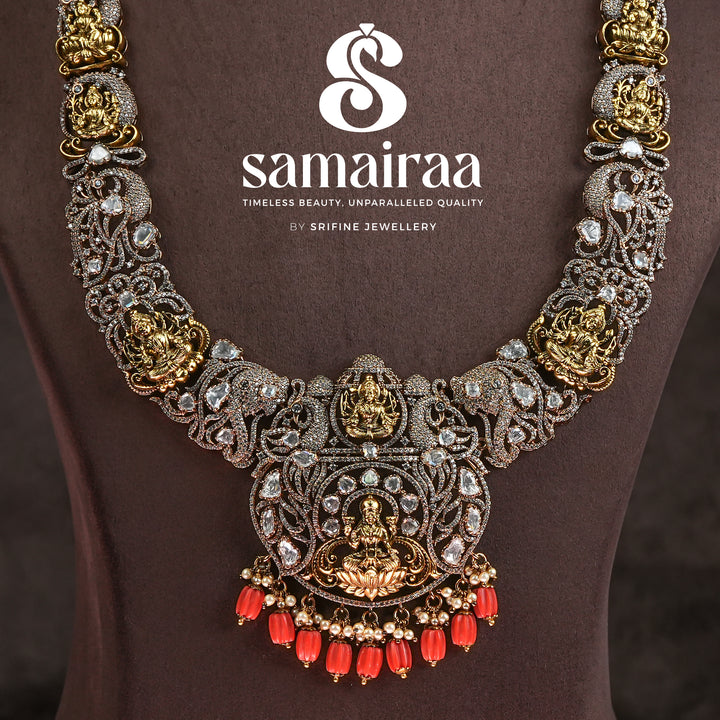Samairaa temple silver necklace in 92.5 silver with Lakshmi motif, antique oxidised finish, cz stones and traditional South Indian bridal jewellery design by Sri Fine Jewellery, Hyderabad