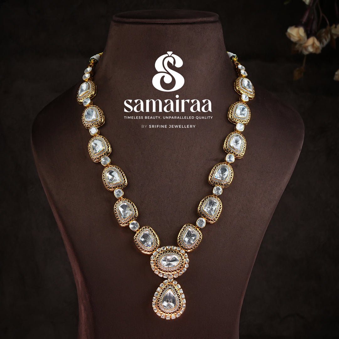 Samairaa moissanite bridal necklace in 92.5 silver with antique gold finish, diamond-like brilliance and luxurious royal wedding jewellery design by Sri Fine Jewellery, Hyderabad. 
