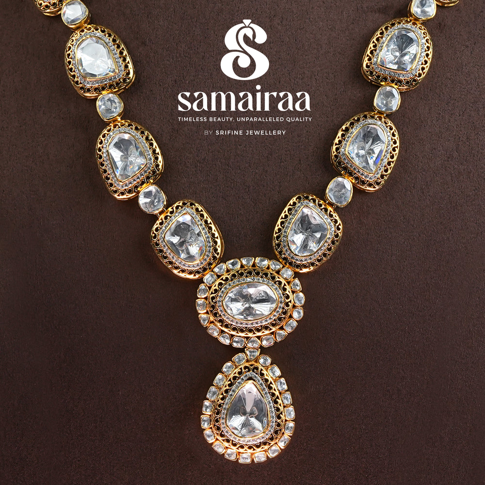 Samairaa moissanite bridal necklace in 92.5 silver with antique gold finish, diamond-like brilliance and luxurious royal wedding jewellery design by Sri Fine Jewellery, Hyderabad. 