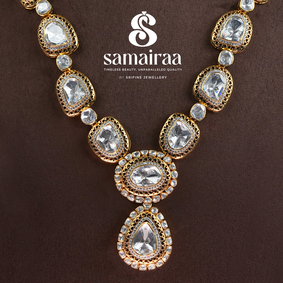 Samairaa moissanite bridal necklace in 92.5 silver with antique gold finish, diamond-like brilliance and luxurious royal wedding jewellery design by Sri Fine Jewellery, Hyderabad. 