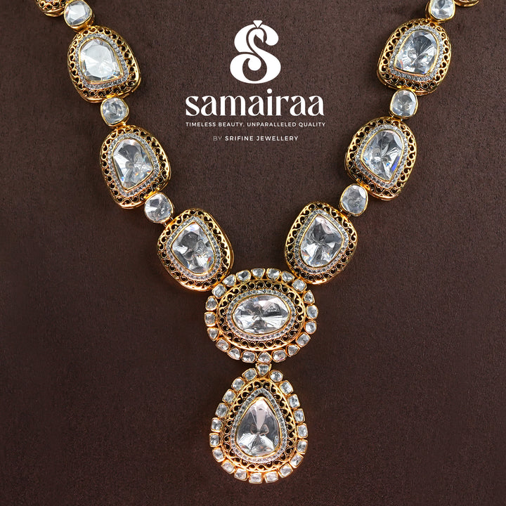 Samairaa moissanite bridal necklace in 92.5 silver with antique gold finish, diamond-like brilliance and luxurious royal wedding jewellery design by Sri Fine Jewellery, Hyderabad. 