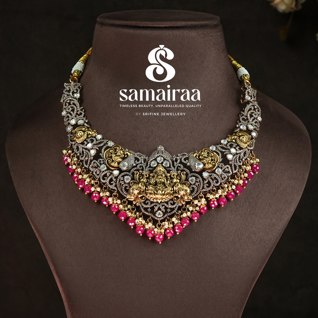 Traditional Samairaa antique temple necklace in 92.5 silver with Lakshmi motif, victorian finish, pink bead drops and sparkling cz detailing | premium bridal temple jewellery by Sri Fine Jewellery, Hyderabad 
