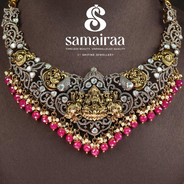 Traditional Samairaa antique temple necklace in 92.5 silver with Lakshmi motif, victorian finish, pink bead drops and sparkling cz detailing | premium bridal temple jewellery by Sri Fine Jewellery, Hyderabad 