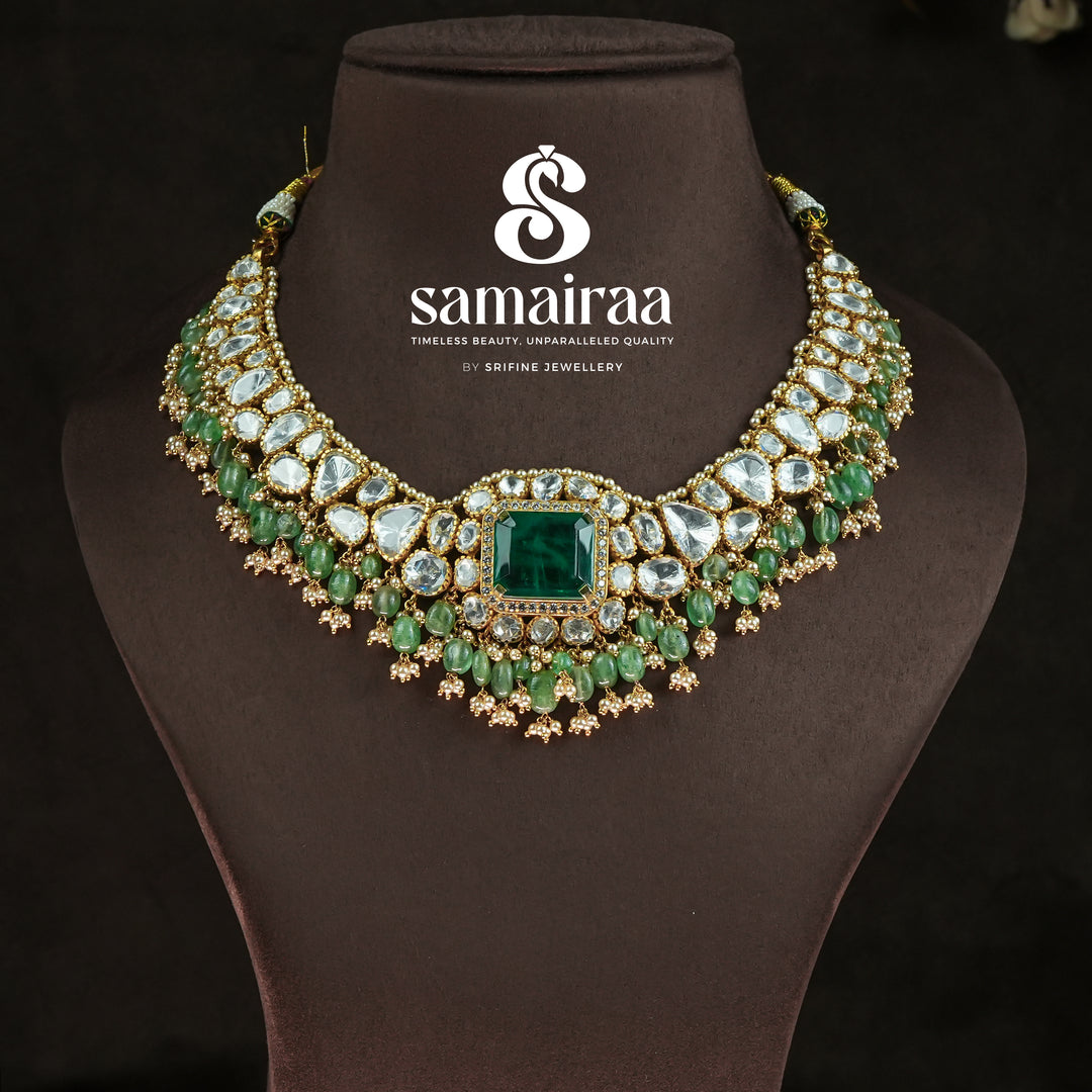 Samairaa moissanite emerald necklace in 92.5 silver with uncut stone detailing, green bead drops and luxurious bridal finish | premium wedding jewellery by Sri Fine Jewellery, Hyderabad 
