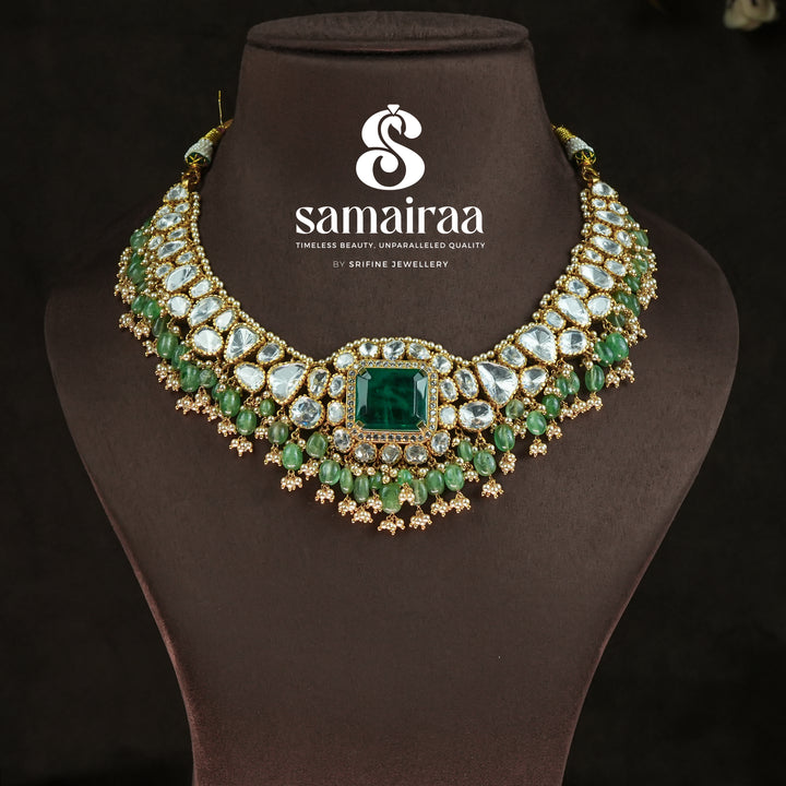 Samairaa moissanite emerald necklace in 92.5 silver with uncut stone detailing, green bead drops and luxurious bridal finish | premium wedding jewellery by Sri Fine Jewellery, Hyderabad 
