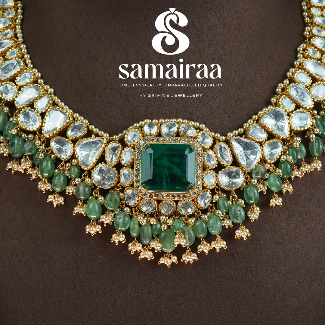 Close-up view of Samairaa moissanite emerald necklace in 92.5 silver with uncut stone detailing, green bead drops and luxurious bridal finish | premium wedding jewellery by Sri Fine Jewellery, Hyderabad 
