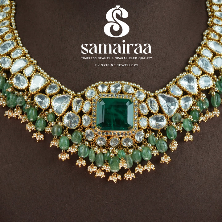 Close-up view of Samairaa moissanite emerald necklace in 92.5 silver with uncut stone detailing, green bead drops and luxurious bridal finish | premium wedding jewellery by Sri Fine Jewellery, Hyderabad 
