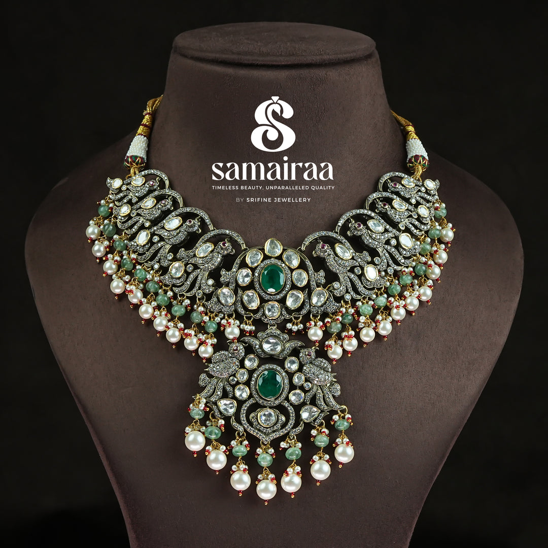 Samairaa Victorian moissanite necklace in 92.5 sterling silver with semi-precious emerald green stones, pearl drops and cz detailing | luxurious bridal statement jewellery by Sri Fine Jewellery, Hyderabad
