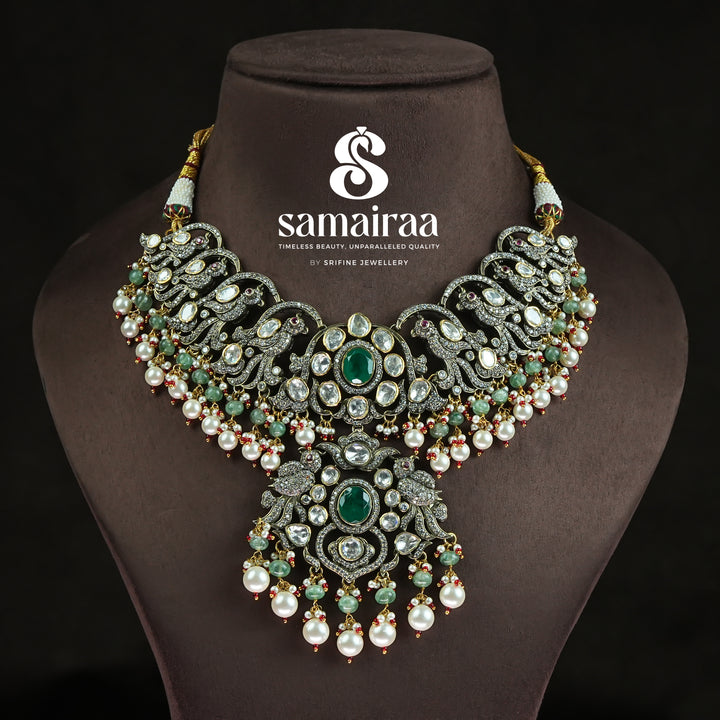 Samairaa Victorian moissanite necklace in 92.5 sterling silver with semi-precious emerald green stones, pearl drops and cz detailing | luxurious bridal statement jewellery by Sri Fine Jewellery, Hyderabad

