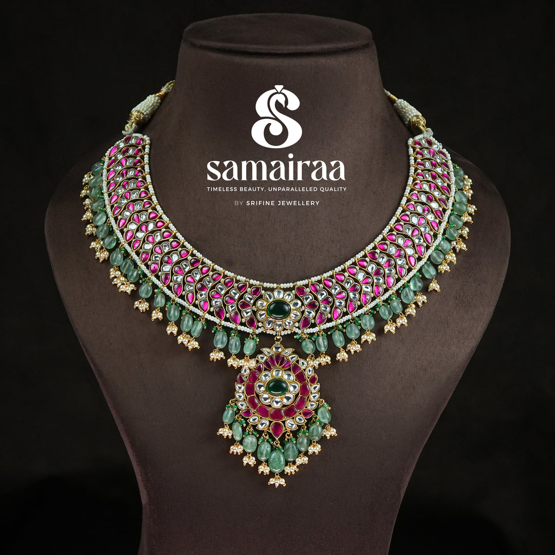 Traditional antique kundan bridal choker necklace in 92.5 sterling silver with pink stones, green beads and cz detailing | premium traditional wedding jewellery by Sri Fine Jewellery, Hyderabad

