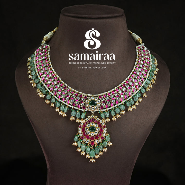Traditional antique kundan bridal choker necklace in 92.5 sterling silver with pink stones, green beads and cz detailing | premium traditional wedding jewellery by Sri Fine Jewellery, Hyderabad
