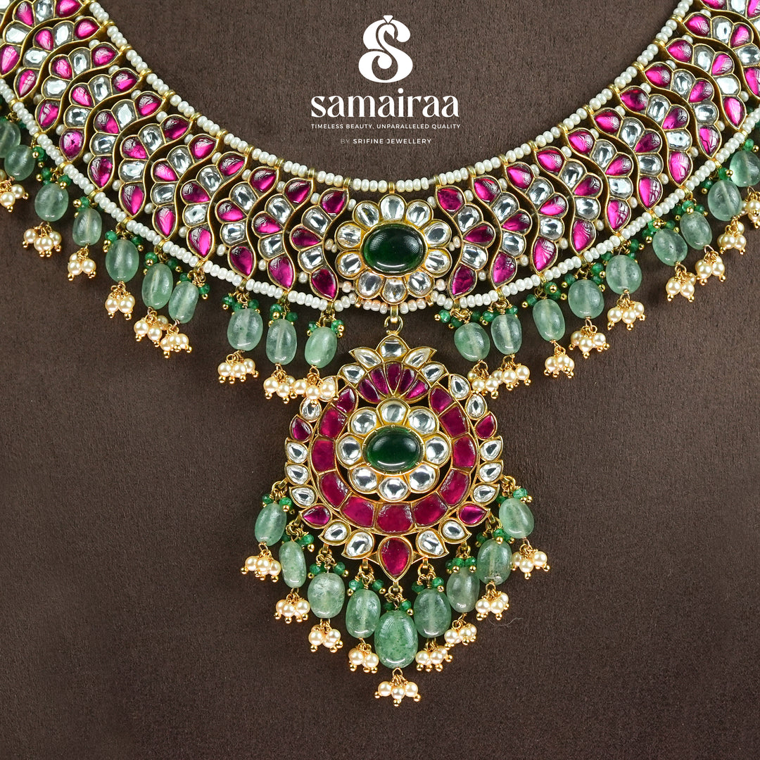 Traditional antique kundan bridal choker necklace in 92.5 sterling silver with pink stones, green beads and cz detailing | premium traditional wedding jewellery by Sri Fine Jewellery, Hyderabad