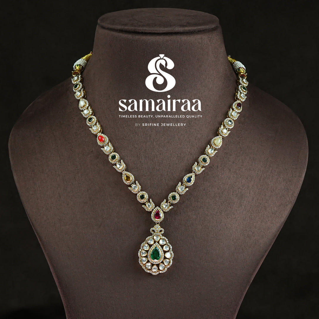 Traditional multicolor kundan necklace in 92.5 silver with cz stones and emerald pendant | premium bridal silver jewellery by Sri Fine Jewellery, Hyderabad
