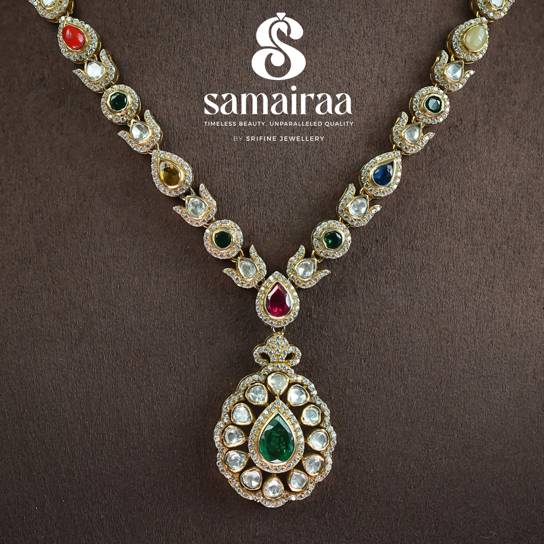 Traditional multicolor kundan necklace in 92.5 silver with cz stones and emerald pendant | premium bridal silver jewellery by Sri Fine Jewellery, Hyderabad
