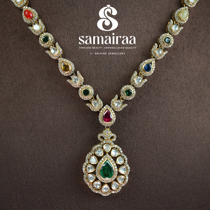 Traditional multicolor kundan necklace in 92.5 silver with cz stones and emerald pendant | premium bridal silver jewellery by Sri Fine Jewellery, Hyderabad
