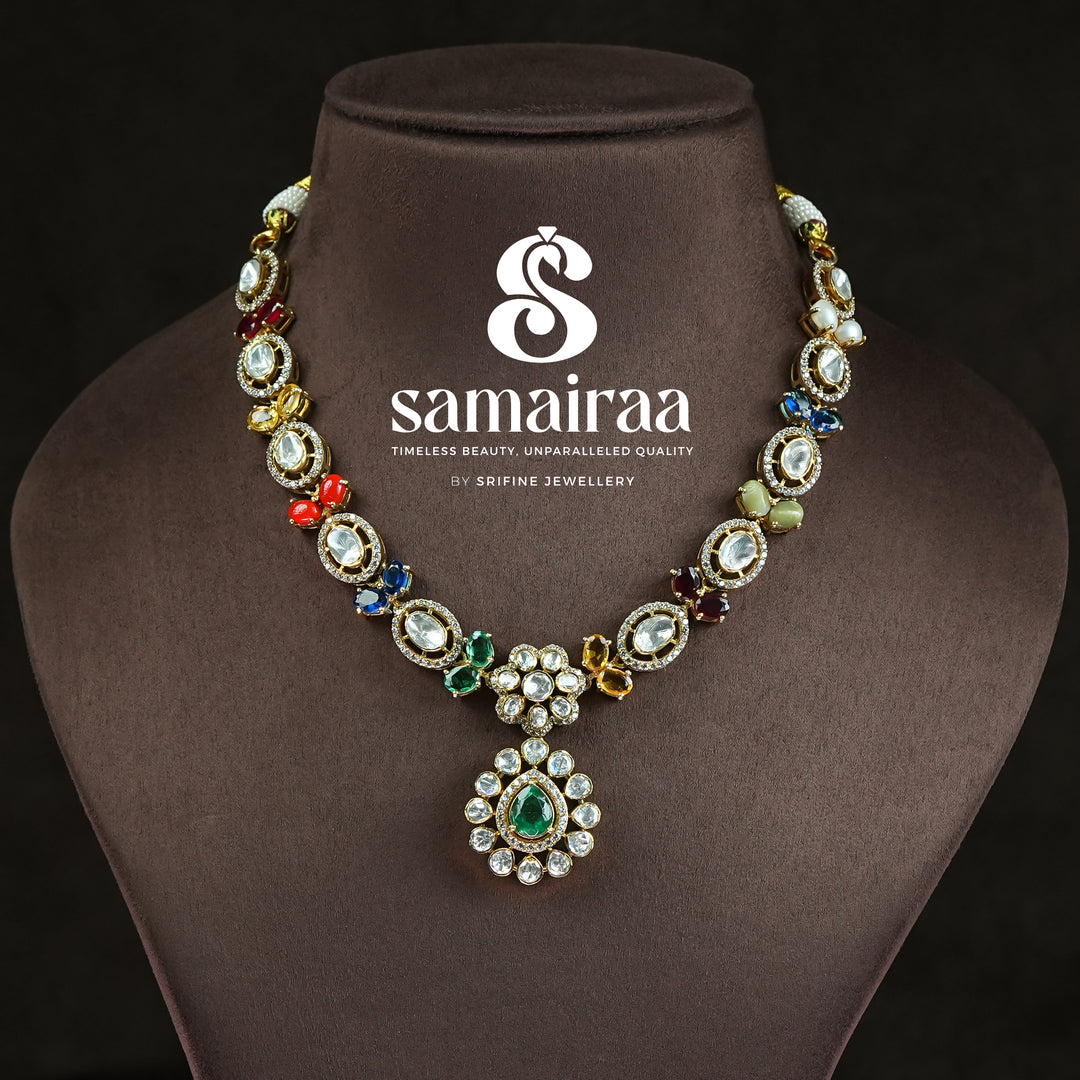 Traditional multicolor kundan necklace in 92.5 silver with cz stones and emerald pendant | premium bridal silver jewellery by Sri Fine Jewellery, Hyderabad
