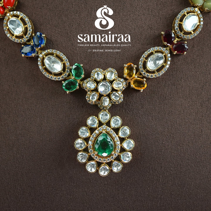 Traditional multicolor kundan necklace in 92.5 silver with cz stones and emerald pendant | premium bridal silver jewellery by Sri Fine Jewellery, Hyderabad
