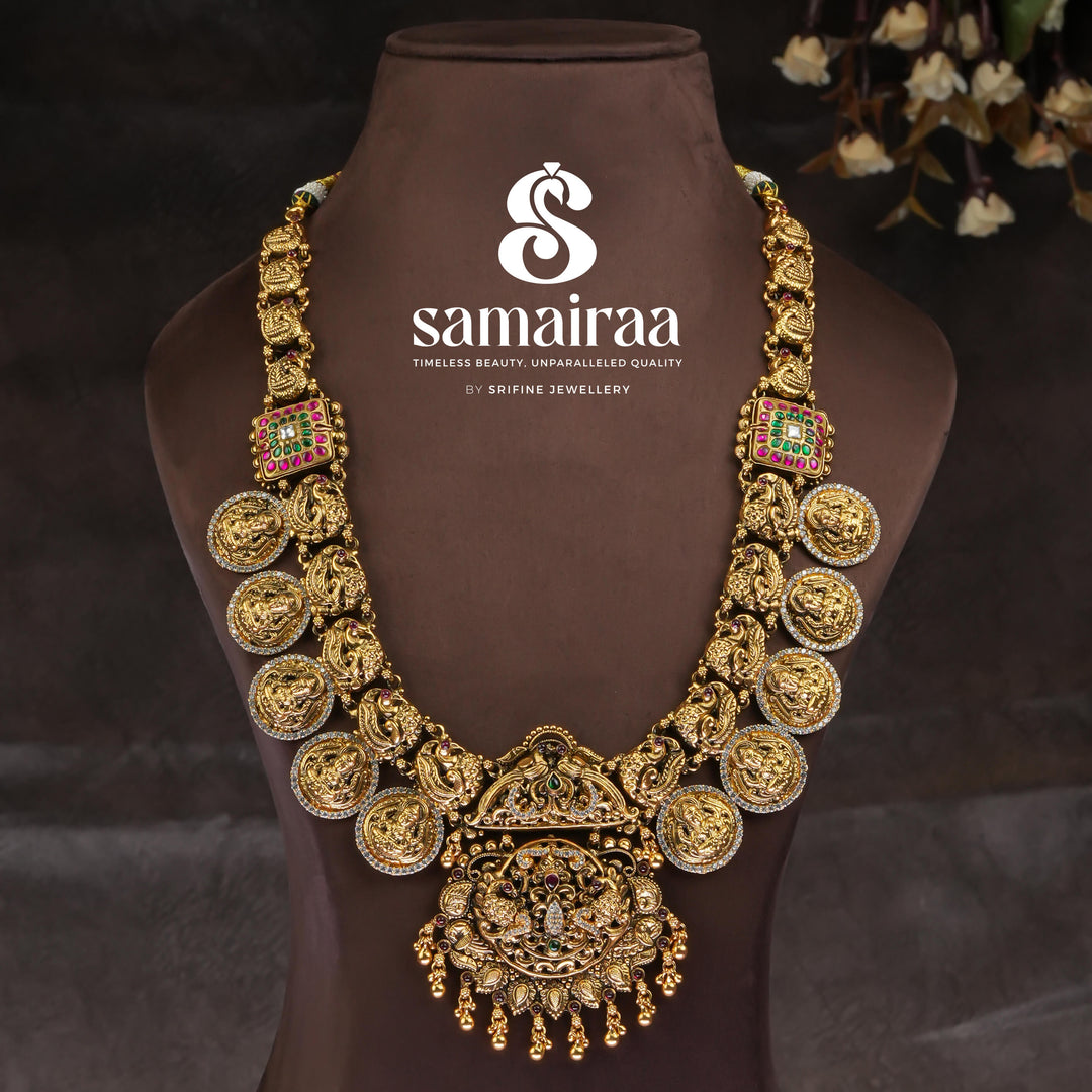 Traditional 92.5 silver temple necklace with Lakshmi motifs, peacock motifs and intricate heritage craftsmanship by Sri Fine Jewellery Hyderabad (https://srifinejewellery.com)