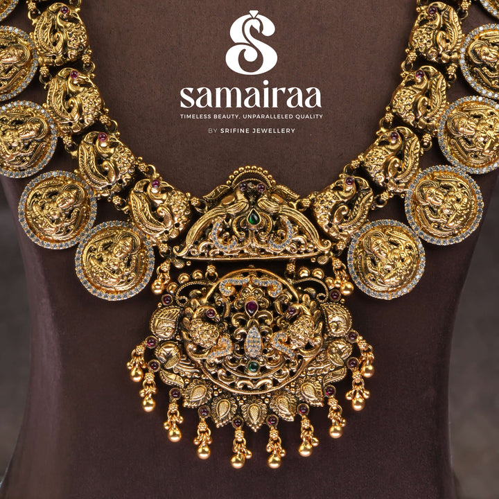 Traditional 92.5 silver temple necklace with Lakshmi motifs, peacock motifs and intricate heritage craftsmanship by Sri Fine Jewellery Hyderabad 