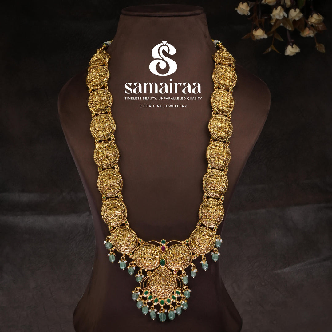 Traditional 92.5 silver temple necklace with Lakshmi pendant, jade green pearls and intricate heritage craftsmanship by Sri Fine Jewellery Hyderabad (https://srifinejewellery.com)