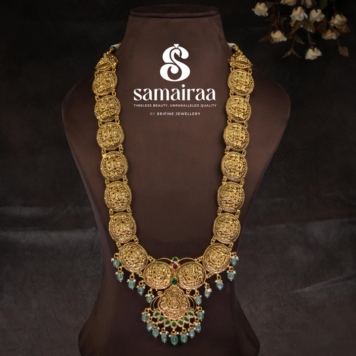 Traditional 92.5 silver temple necklace with Lakshmi pendant, jade green pearls and intricate heritage craftsmanship by Sri Fine Jewellery Hyderabad (https://srifinejewellery.com)