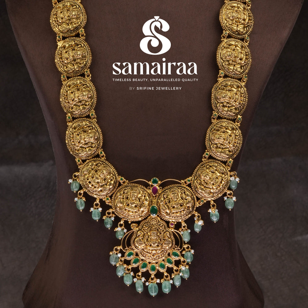 Traditional 92.5 silver temple necklace with Lakshmi pendant, Jade green pearls and intricate heritage craftsmanship by Sri Fine Jewellery Hyderabad (https://srifinejewellery.com)