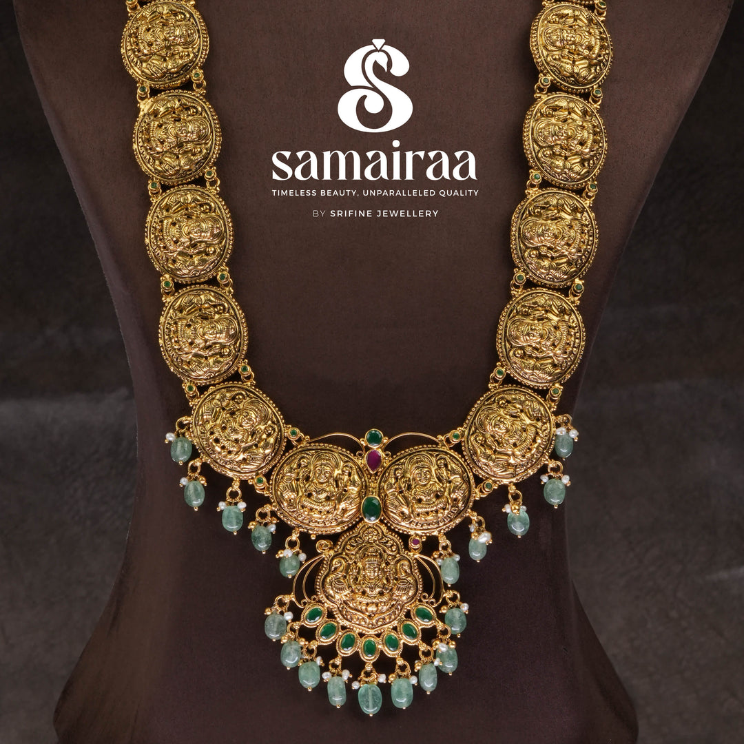 Traditional 92.5 silver temple necklace with Lakshmi pendant, Jade green pearls and intricate heritage craftsmanship by Sri Fine Jewellery Hyderabad (https://srifinejewellery.com)