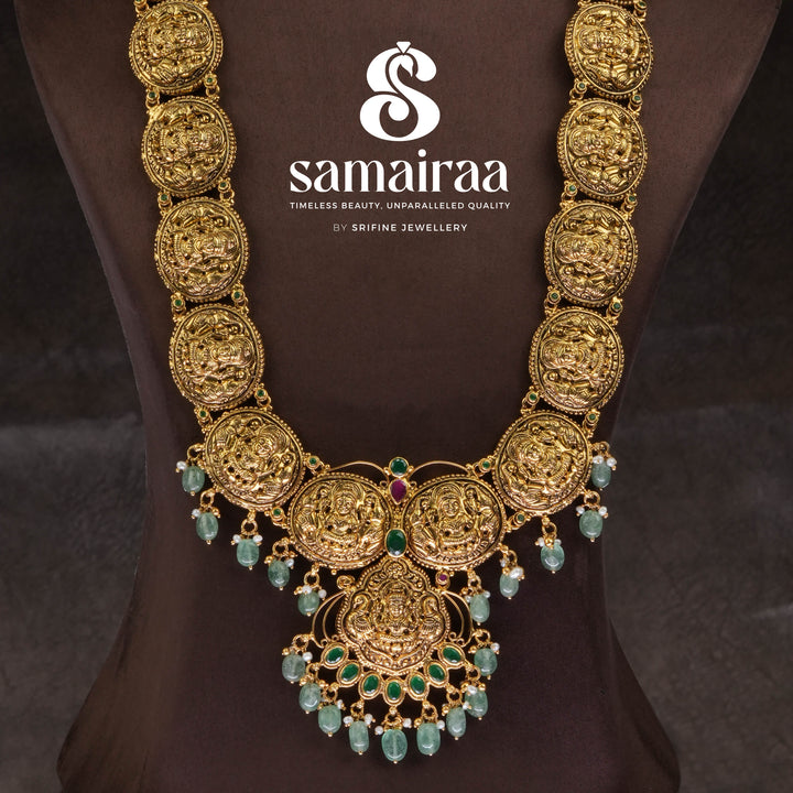Traditional 92.5 silver temple necklace with Lakshmi pendant, Jade green pearls and intricate heritage craftsmanship by Sri Fine Jewellery Hyderabad (https://srifinejewellery.com)