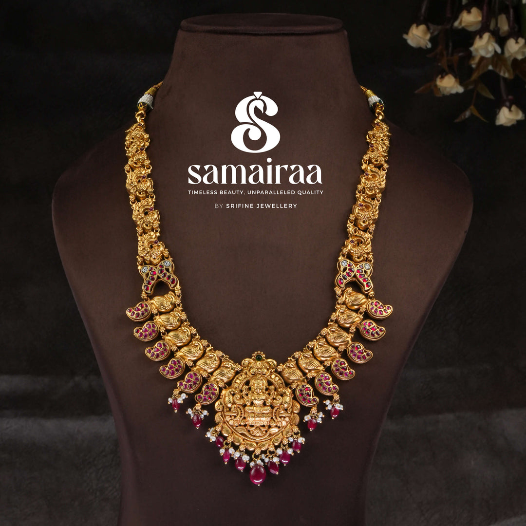 Traditional 92.5 silver temple necklace with Lakshmi pendant, peacock motifs and intricate heritage craftsmanship by Sri Fine Jewellery Hyderabad (https://srifinejewellery.com)