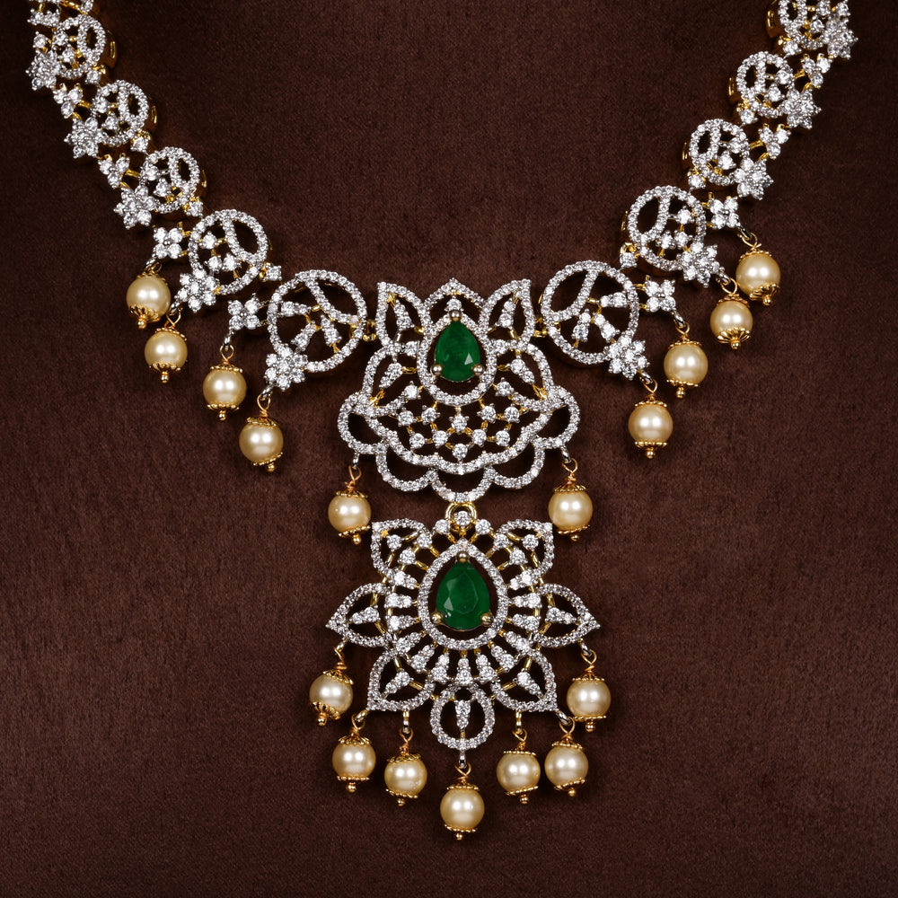 Close-up of Hriday collection of 92.5 silver short necklace with CZ stones, intricate  design for bridal and festive wear by Sri fine jewellery, Hyderabad.
(https://www.srifinejewellery.com)