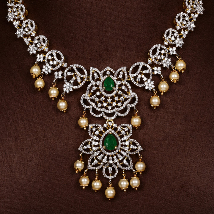 Close-up of Hriday collection of 92.5 silver short necklace with CZ stones, intricate  design for bridal and festive wear by Sri fine jewellery, Hyderabad.
(https://www.srifinejewellery.com)