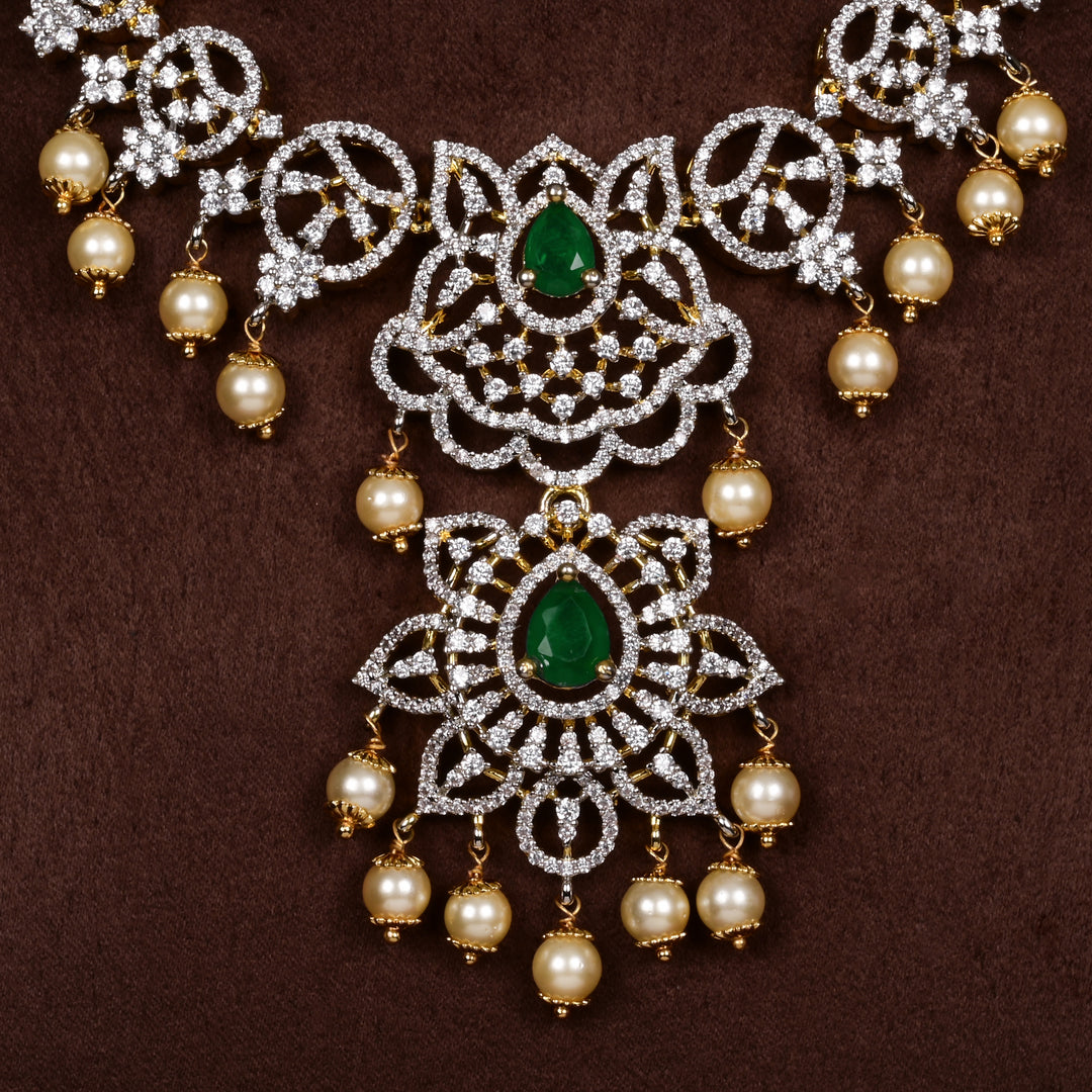 Close-up of Hriday collection of 92.5 silver short necklace with CZ stones, intricate  design for bridal and festive wear by Sri fine jewellery, Hyderabad.
(https://www.srifinejewellery.com)