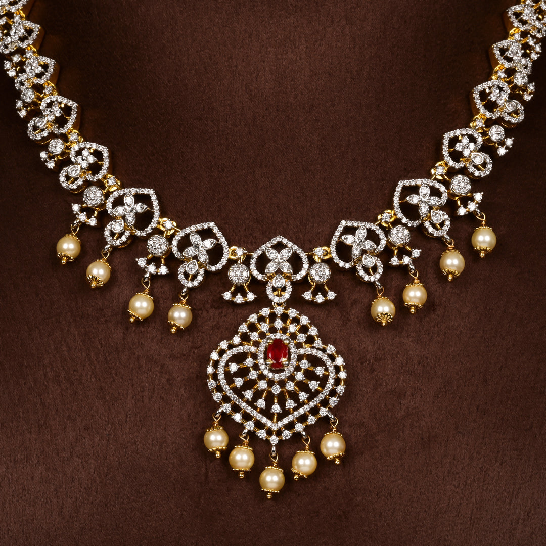 Close-up of Hriday collection of 92.5 silver short necklace with CZ stones, intricate  design for bridal and festive wear by Sri fine jewellery, Hyderabad.
(https://www.srifinejewellery.com)