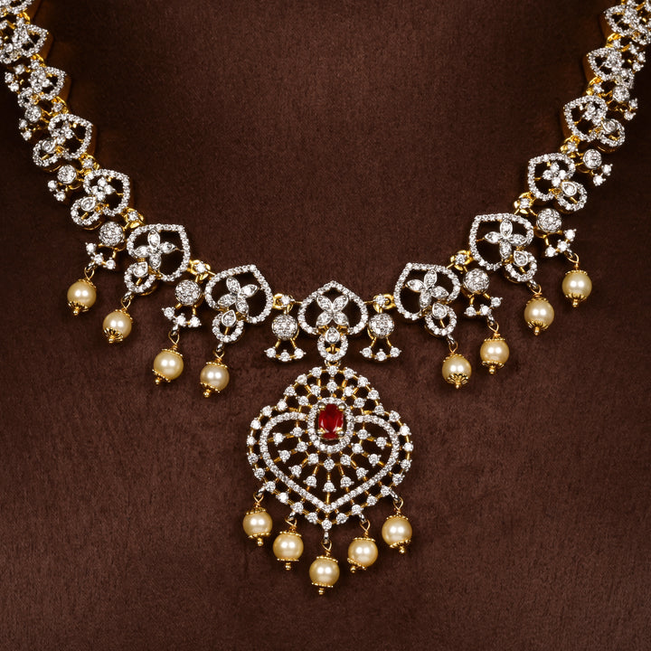 Close-up of Hriday collection of 92.5 silver short necklace with CZ stones, intricate  design for bridal and festive wear by Sri fine jewellery, Hyderabad.
(https://www.srifinejewellery.com)