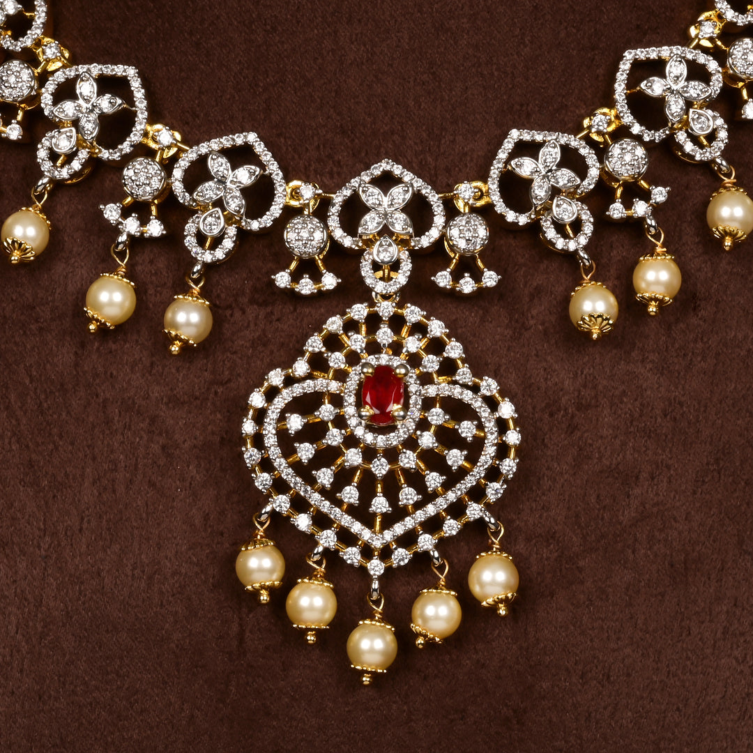Close-up of Hriday collection of 92.5 silver short necklace with CZ stones, intricate  design for bridal and festive wear by Sri fine jewellery, Hyderabad.
(https://www.srifinejewellery.com)