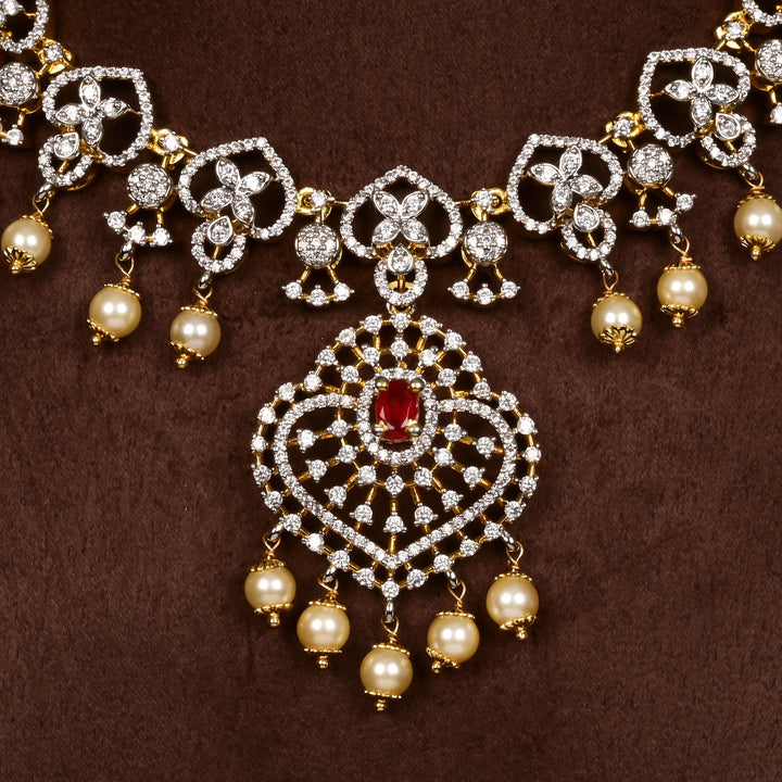 Close-up of Hriday collection of 92.5 silver short necklace with CZ stones, intricate  design for bridal and festive wear by Sri fine jewellery, Hyderabad.
(https://www.srifinejewellery.com)