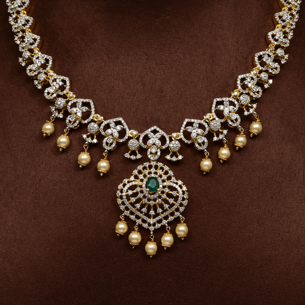Hriday collection of 92.5 silver short necklace with CZ stones, intricate  design for bridal and festive wear by Sri fine jewellery, Hyderabad.
(https://www.srifinejewellery.com)