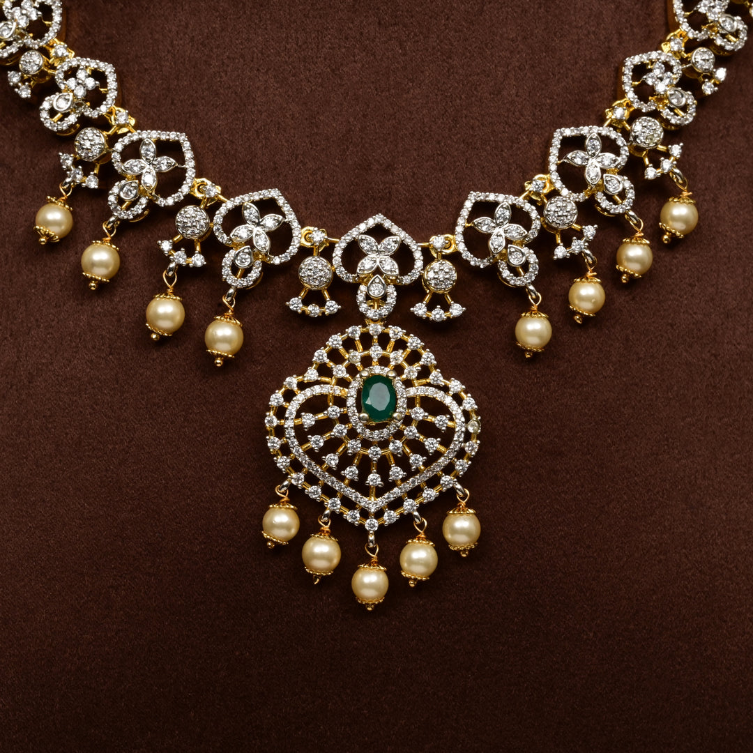Close-up of Hriday collection of 92.5 silver short necklace with CZ stones, intricate  design for bridal and festive wear by Sri fine jewellery, Hyderabad.
(https://www.srifinejewellery.com)