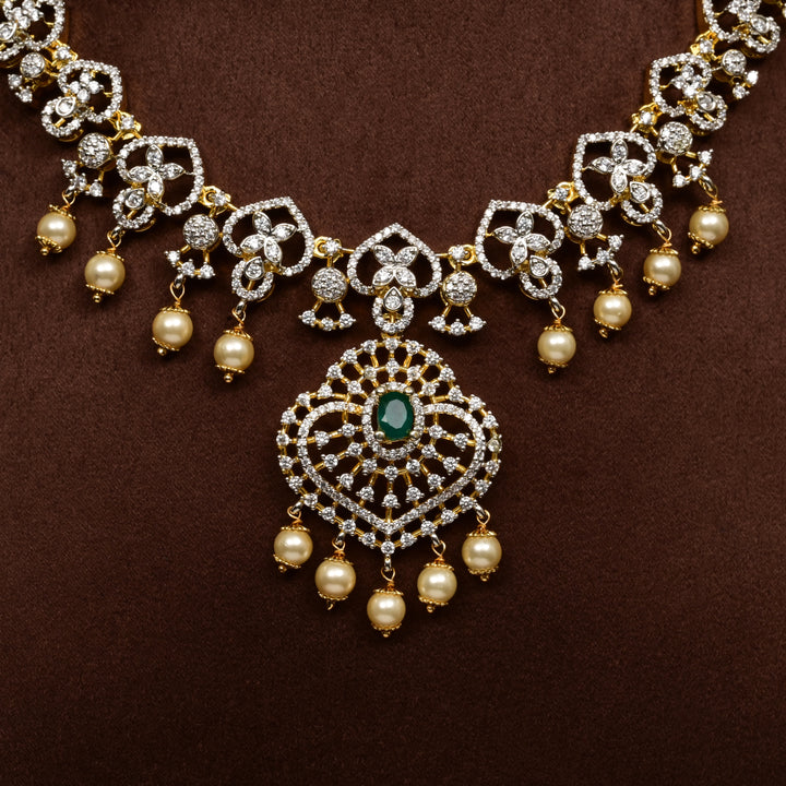 Close-up of Hriday collection of 92.5 silver short necklace with CZ stones, intricate  design for bridal and festive wear by Sri fine jewellery, Hyderabad.
(https://www.srifinejewellery.com)