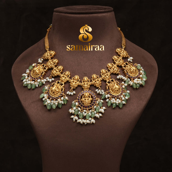 Traditional 92.5 silver temple necklace with Lakshmi motifs, rice pearls, and intricate heritage craftsmanship by Sri Fine Jewellery Hyderabad (https://srifinejewellery.com)