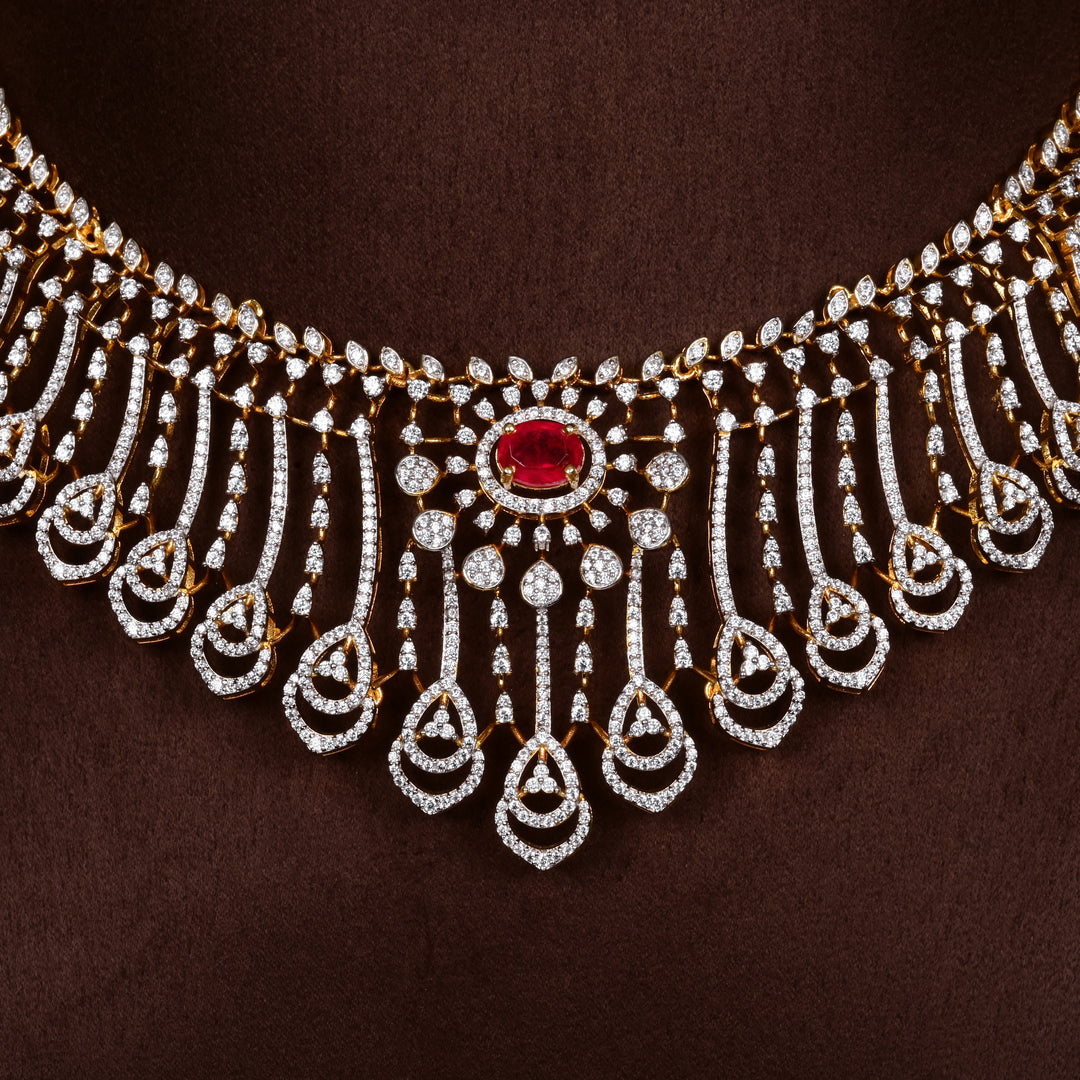 Close-up of Hriday collection of 92.5 silver short necklace with CZ stones, intricate  design for bridal and festive wear by Sri fine jewellery, Hyderabad.
(https://www.srifinejewellery.com)