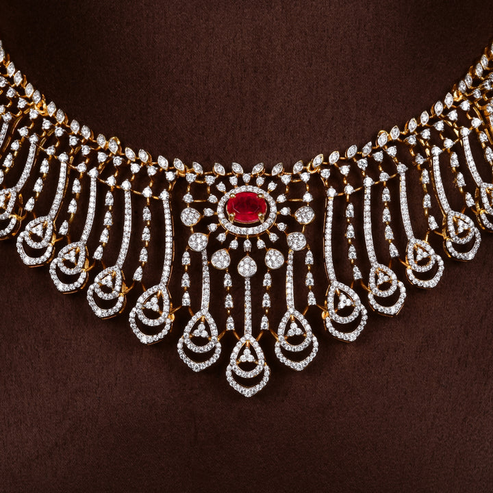 Close-up of Hriday collection of 92.5 silver short necklace with CZ stones, intricate  design for bridal and festive wear by Sri fine jewellery, Hyderabad.
(https://www.srifinejewellery.com)
