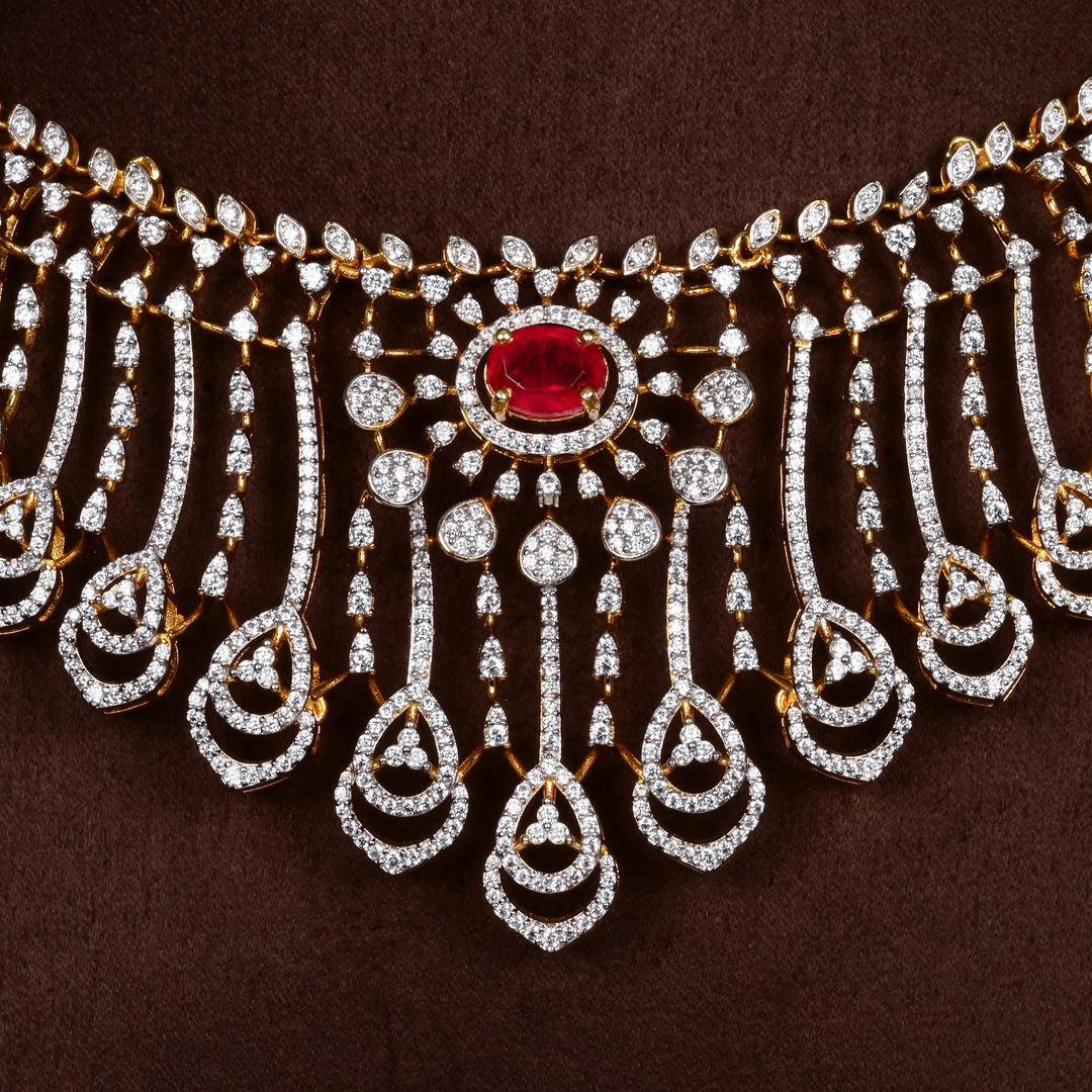 Close-up of Hriday collection of 92.5 silver short necklace with CZ stones, intricate  design for bridal and festive wear by Sri fine jewellery, Hyderabad.
(https://www.srifinejewellery.com)