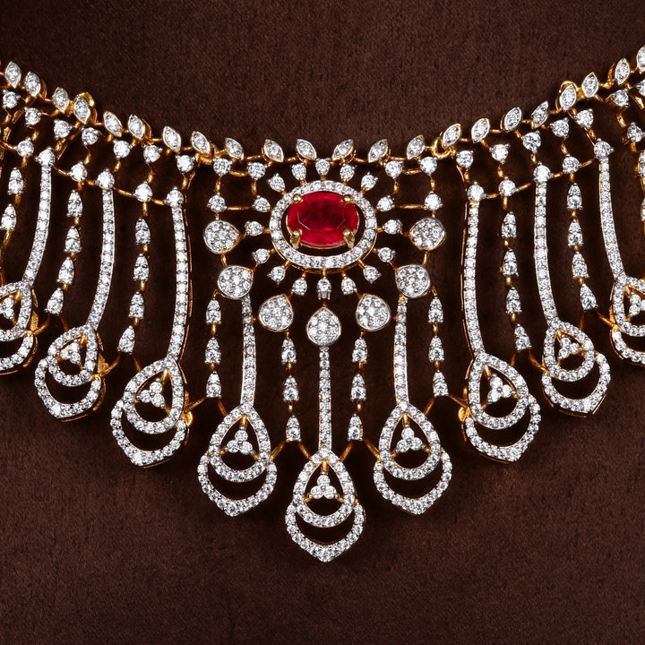 Close-up of Hriday collection of 92.5 silver short necklace with CZ stones, intricate  design for bridal and festive wear by Sri fine jewellery, Hyderabad.
(https://www.srifinejewellery.com)