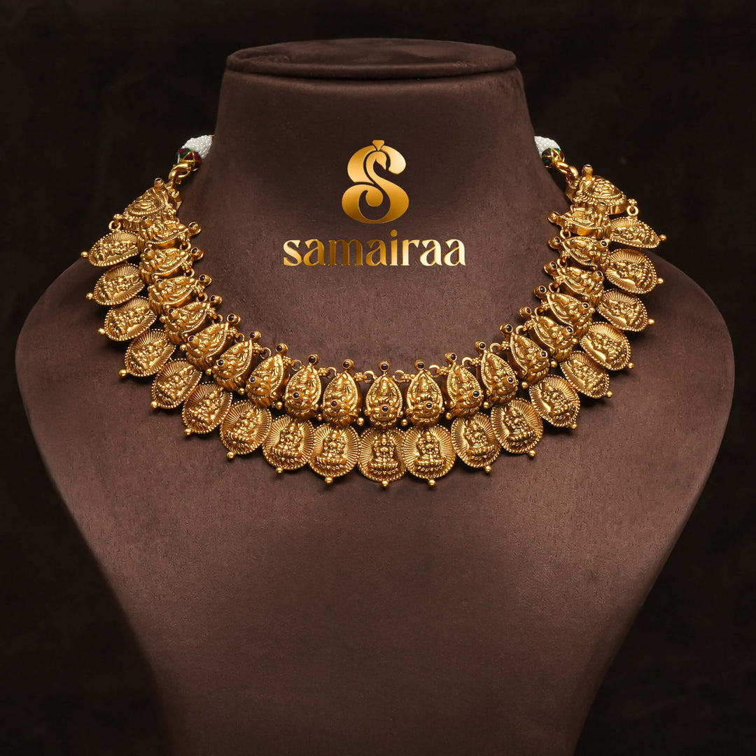 Antique temple kasumala necklace in 92.5 silver with Lakshmi motifs, handcrafted south indian bridal jewellery with premium gold finish and traditional heritage design by Sri Fine Jewellery Punjagutta Hyderabad.