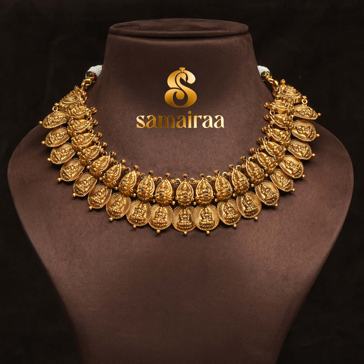 Antique temple kasumala necklace in 92.5 silver with Lakshmi motifs, handcrafted south indian bridal jewellery with premium gold finish and traditional heritage design by Sri Fine Jewellery Punjagutta Hyderabad.